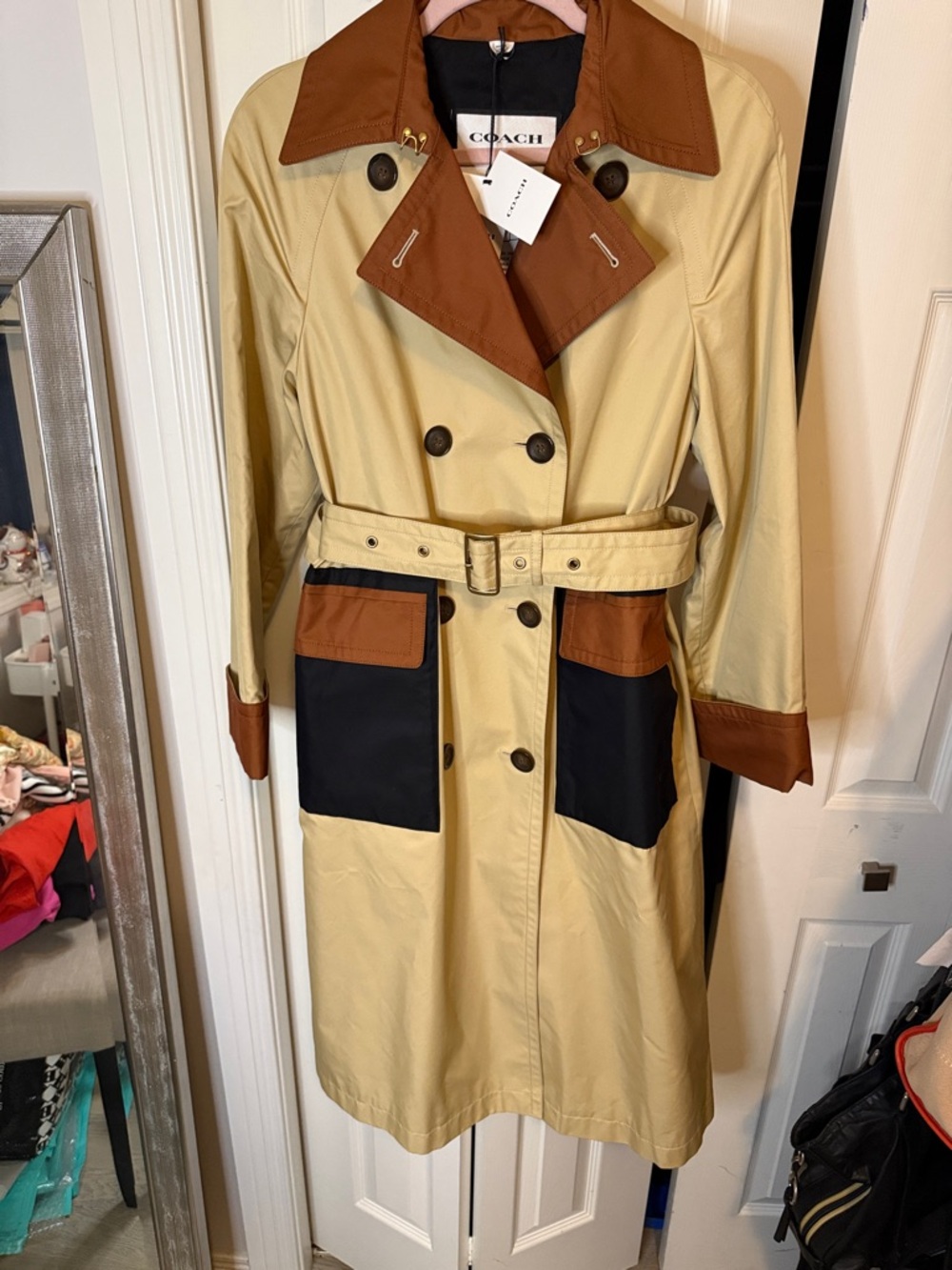 Coach Colorblock Trench Coat in Beige, Rust and Black - Picture 3 of 9